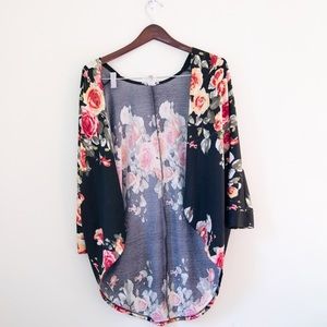 Mauve Black Floral Open Front 3/4 Sleeve Cardigan